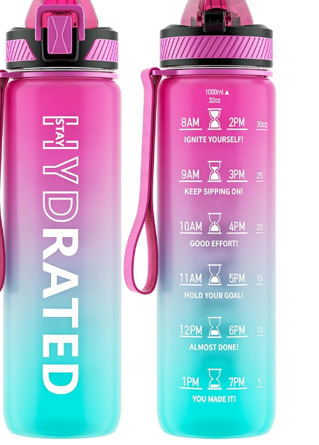 Water Bottle with Straw, 32oz Motivational Water Bottles with Time Marker to Drink